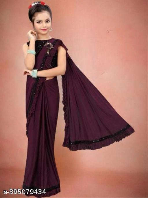 Lycra Solid Saree for Girls (Wine, 7-8 Years)